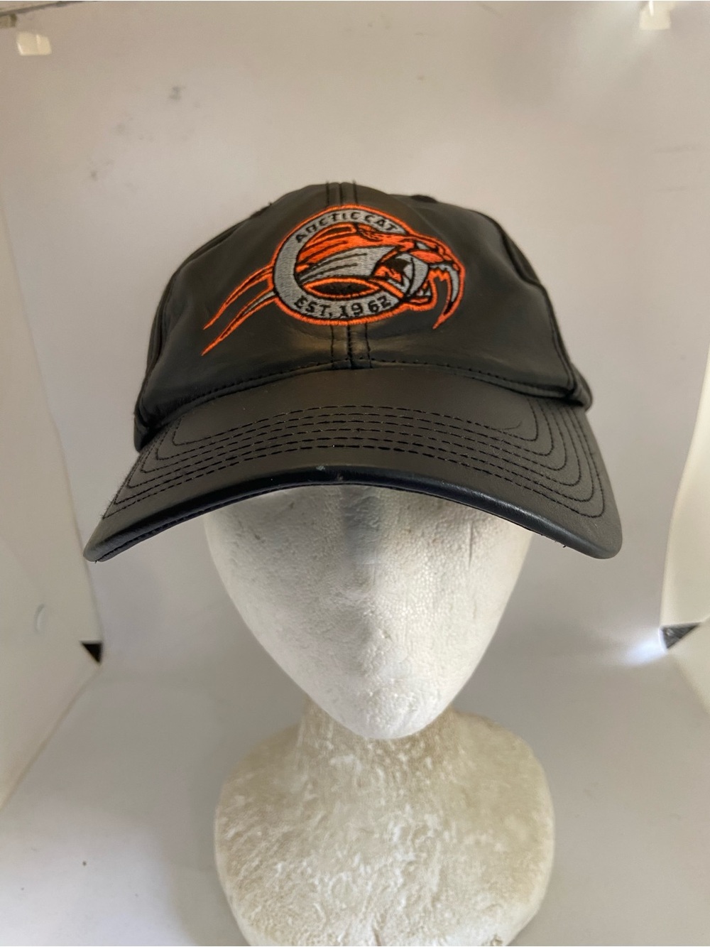 Vintage Arctic cat Leather Baseball Cap with Orange Embroidered Patch hat